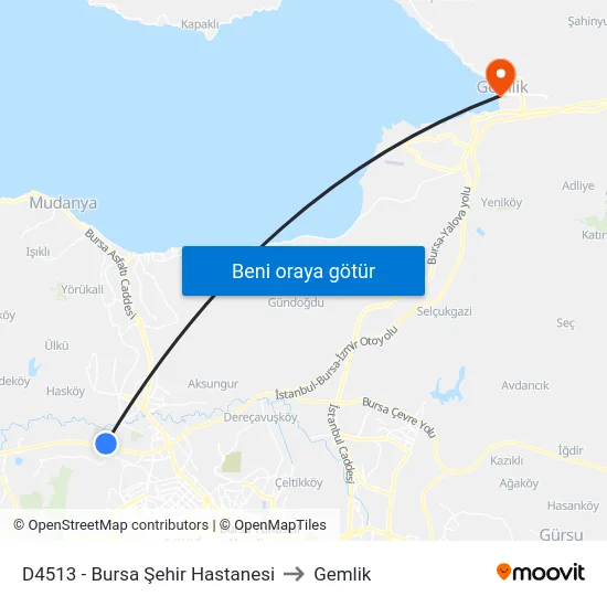 D4513 - Bursa Şehir Hastanesi to Gemlik map