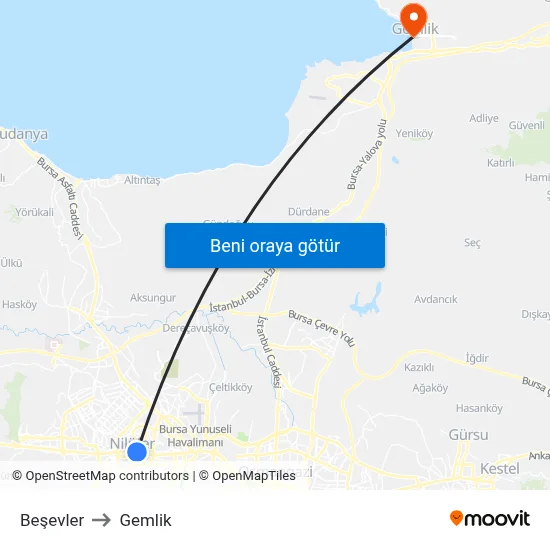 Beşevler to Gemlik map