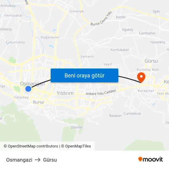 Osmangazi to Gürsu map