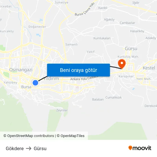 Gökdere to Gürsu map