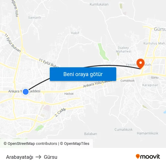 Arabayatağı to Gürsu map