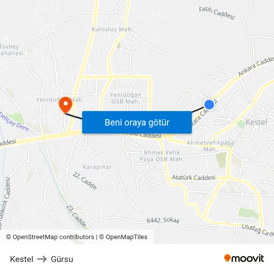 Kestel to Gürsu map