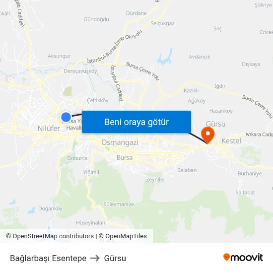 Bağlarbaşı Esentepe to Gürsu map