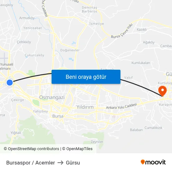 Bursaspor / Acemler to Gürsu map