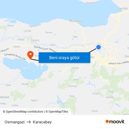 Osmangazi to Karacabey map