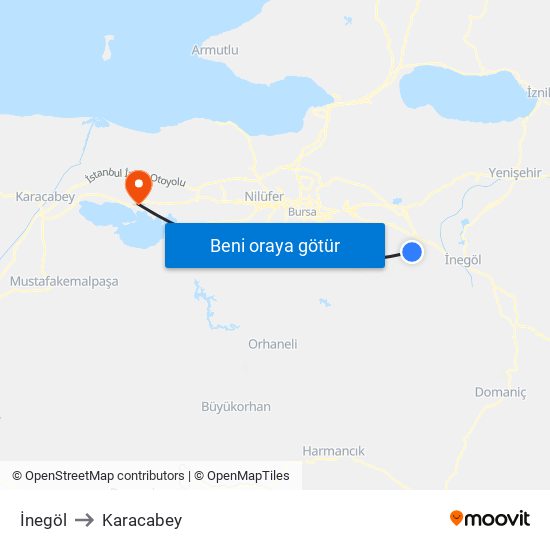 İnegöl to Karacabey map