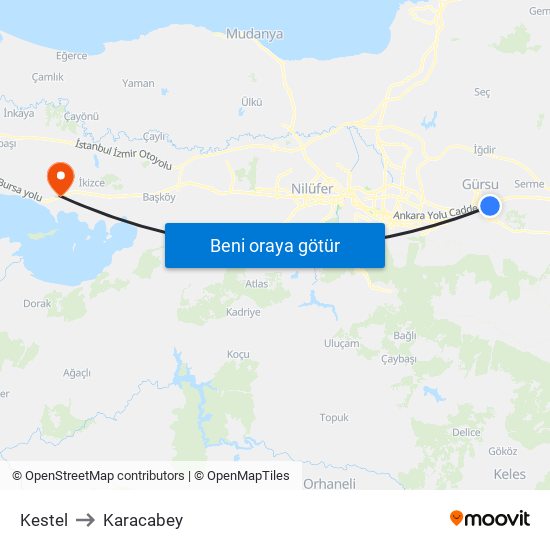 Kestel to Karacabey map