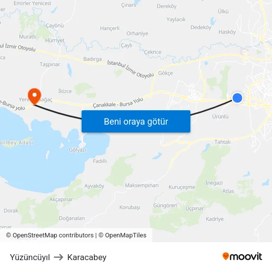 Yüzüncüyıl to Karacabey map