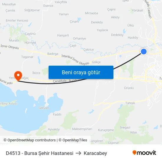 D4513 - Bursa Şehir Hastanesi to Karacabey map