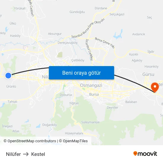 Nilüfer to Kestel map