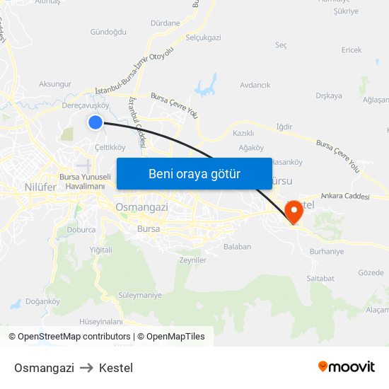 Osmangazi to Kestel map