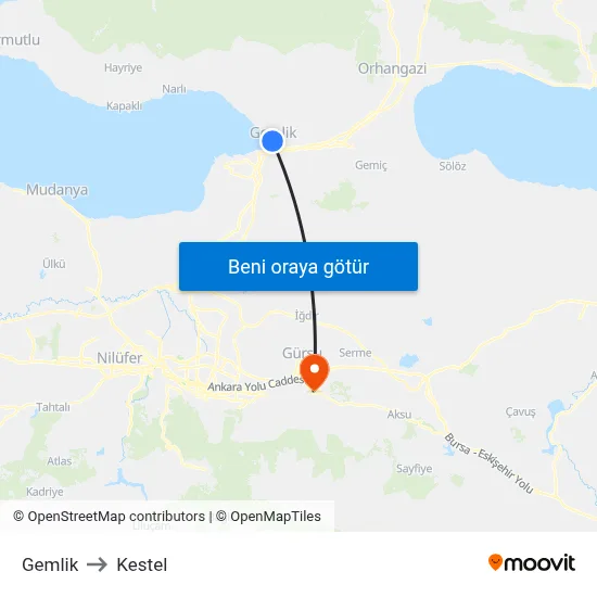 Gemlik to Kestel map