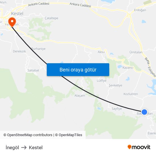 İnegöl to Kestel map