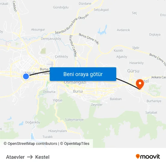 Ataevler to Kestel map