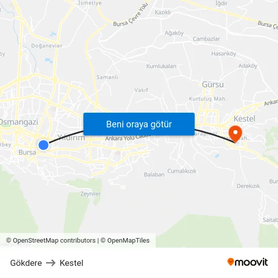 Gökdere to Kestel map