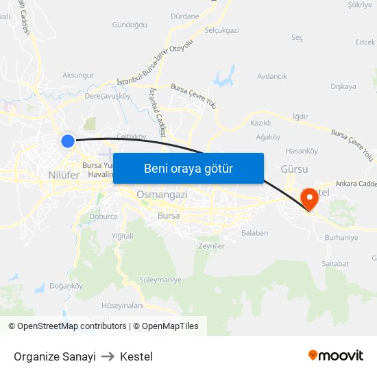Organize Sanayi to Kestel map
