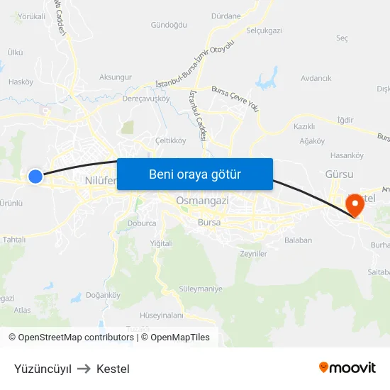 Yüzüncüyıl to Kestel map