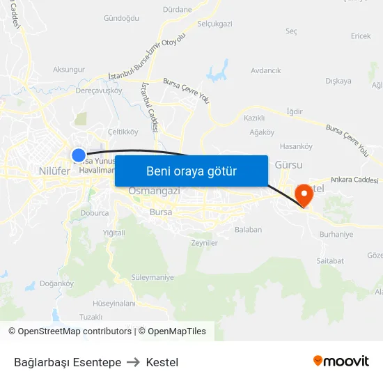 Bağlarbaşı Esentepe to Kestel map