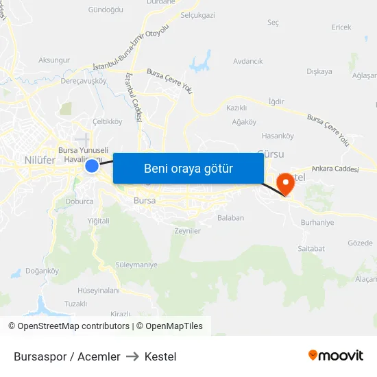 Bursaspor / Acemler to Kestel map