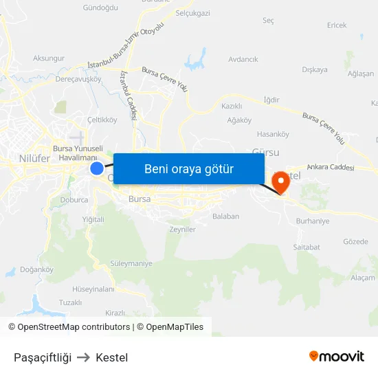 Paşaçiftliği to Kestel map