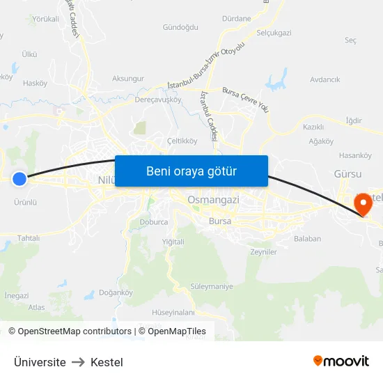 Üniversite to Kestel map