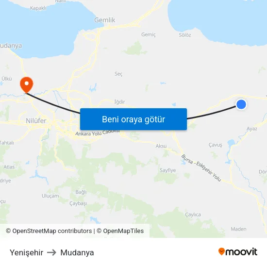 Yenişehir to Mudanya map