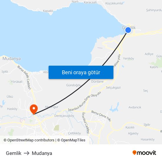 Gemlik to Mudanya map