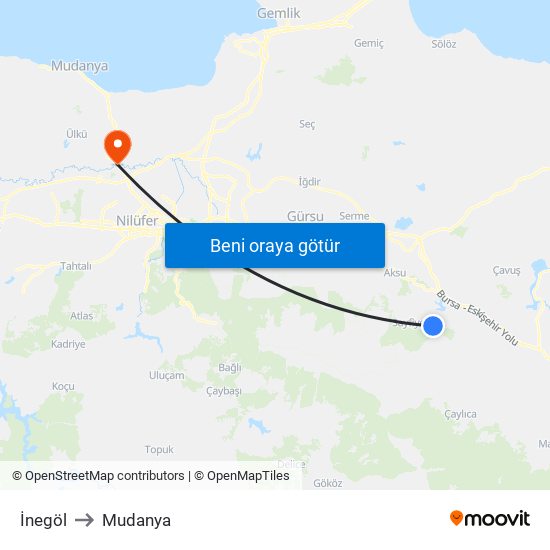 İnegöl to Mudanya map