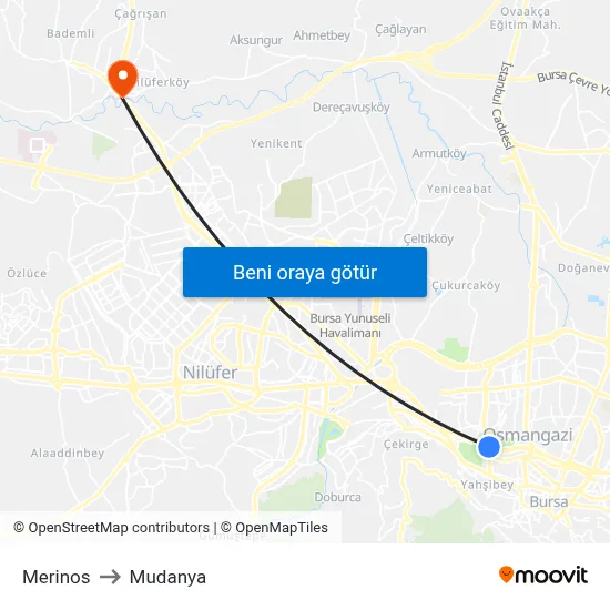 Merinos to Mudanya map