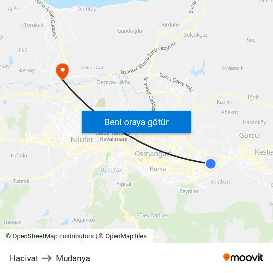Hacivat to Mudanya map
