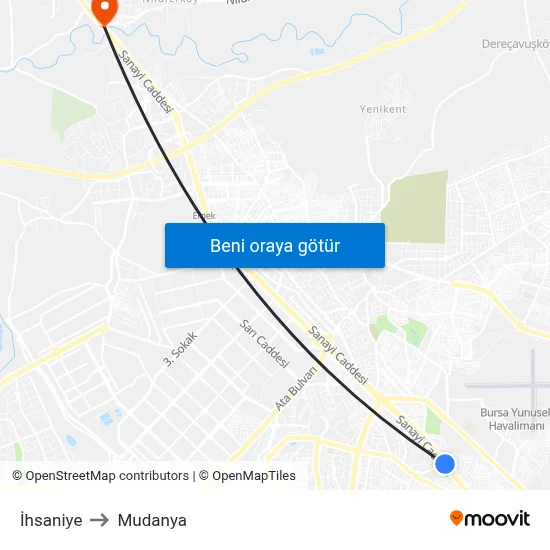 İhsaniye to Mudanya map