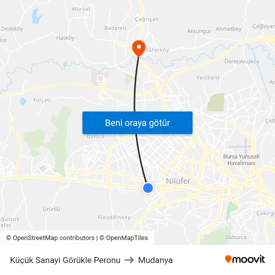 Küçük Sanayi Görükle Peronu to Mudanya map