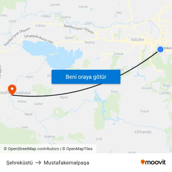 Şehreküstü to Mustafakemalpaşa map