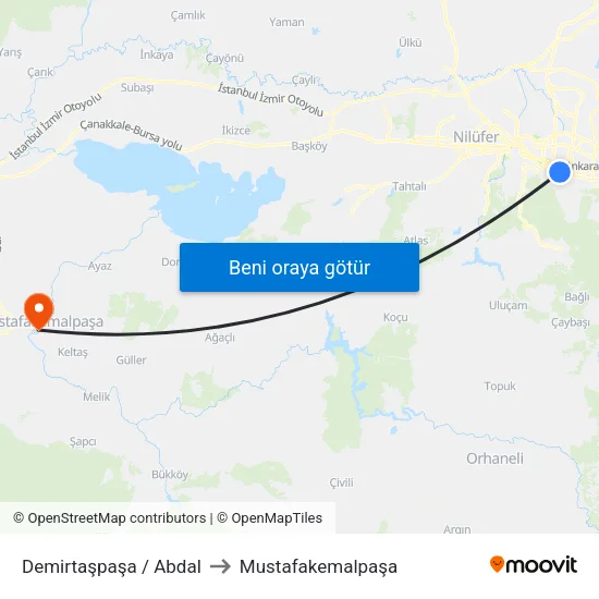 Demirtaşpaşa / Abdal to Mustafakemalpaşa map