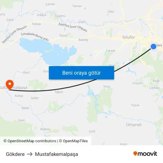 Gökdere to Mustafakemalpaşa map