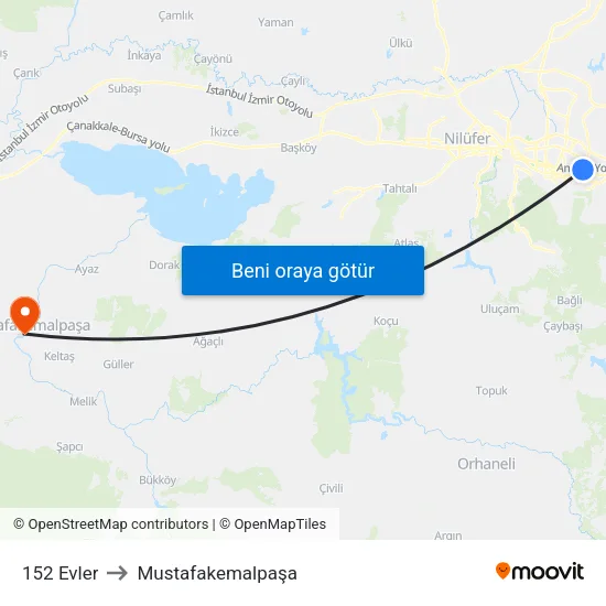 152 Evler to Mustafakemalpaşa map