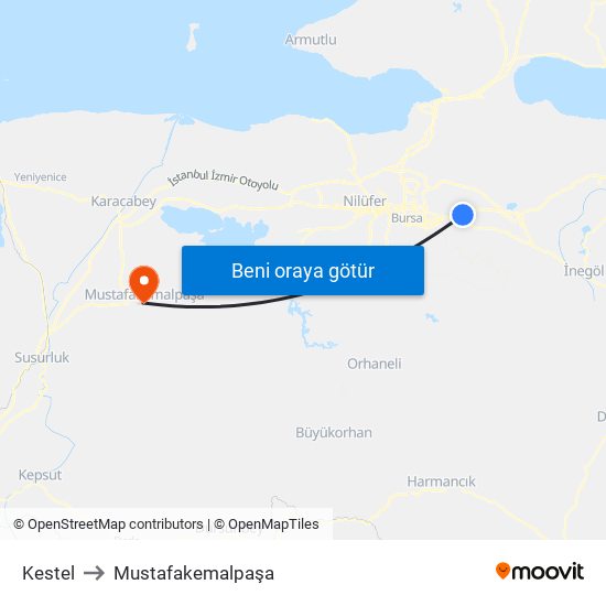 Kestel to Mustafakemalpaşa map
