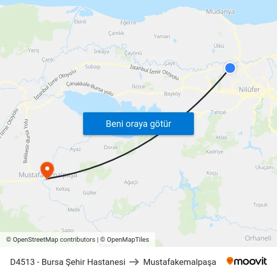 D4513 - Bursa Şehir Hastanesi to Mustafakemalpaşa map