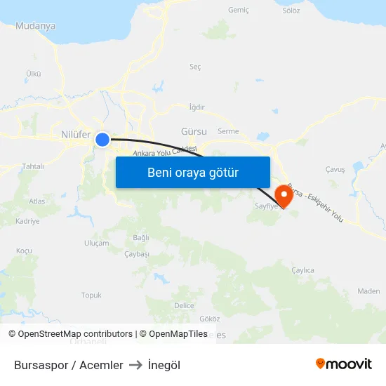 Bursaspor / Acemler to İnegöl map