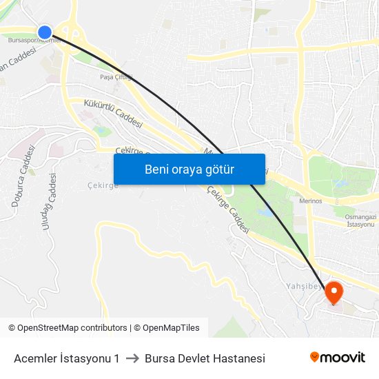 Acemler İstasyonu 1 to Bursa Devlet Hastanesi map