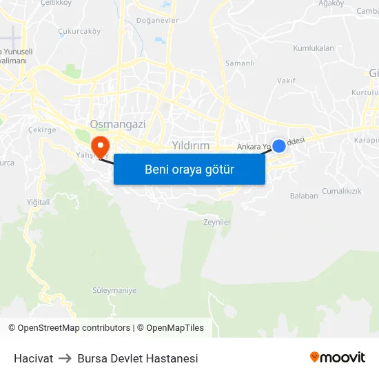 Hacivat to Bursa Devlet Hastanesi map