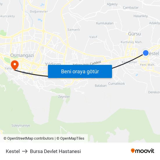 Kestel to Bursa Devlet Hastanesi map