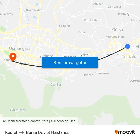 Kestel to Bursa Devlet Hastanesi map