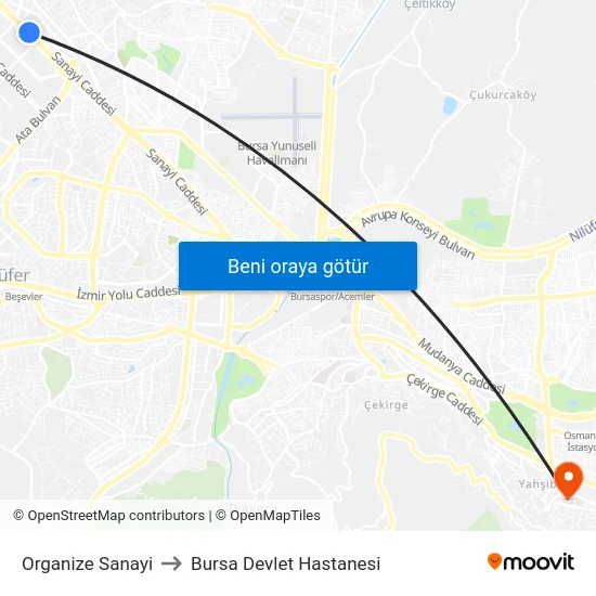 Organize Sanayi to Bursa Devlet Hastanesi map