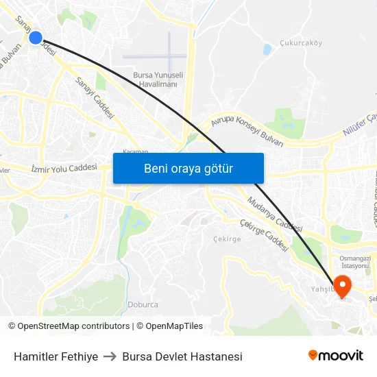 Hamitler Fethiye to Bursa Devlet Hastanesi map