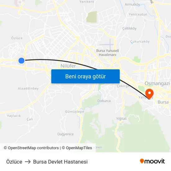 Özlüce to Bursa Devlet Hastanesi map