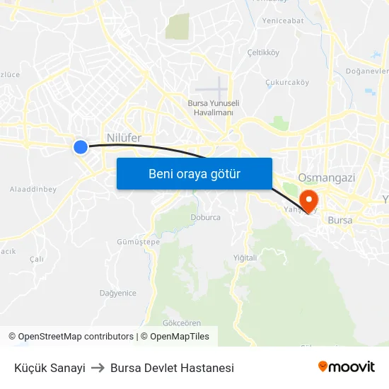 Küçük Sanayi to Bursa Devlet Hastanesi map