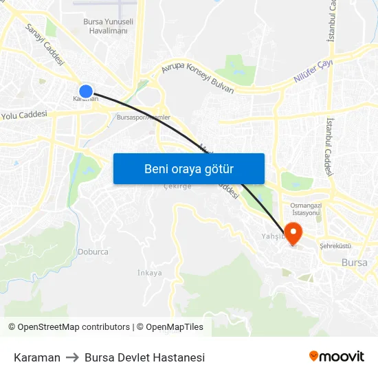 Karaman to Bursa Devlet Hastanesi map