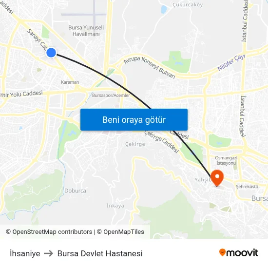 İhsaniye to Bursa Devlet Hastanesi map