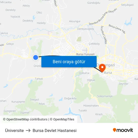 Üniversite to Bursa Devlet Hastanesi map